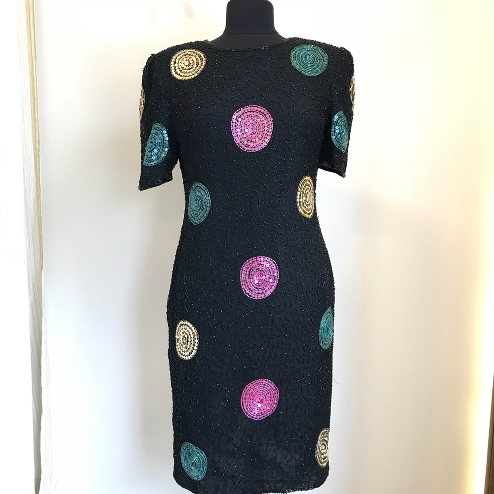‘80s Vintage Beaded Silk & Sequins Polka Dot Dress